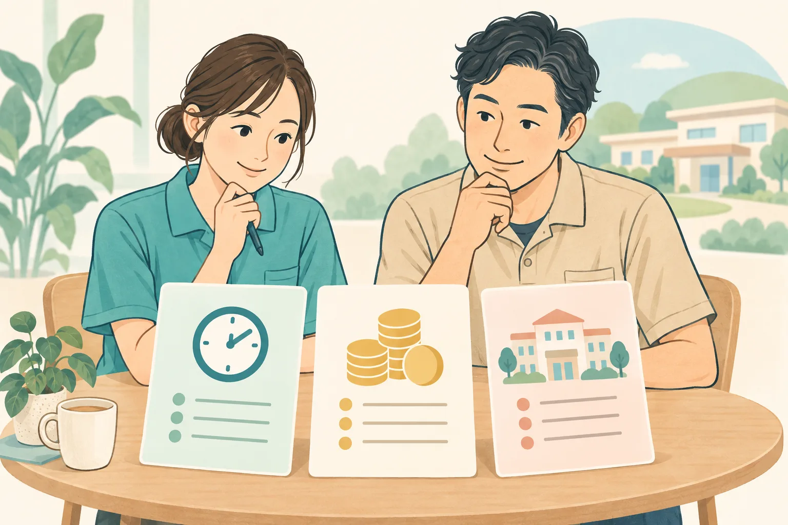 給与・勤務時間・職場環境の違う求人を見比べる介護士のイラスト