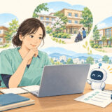 AIを使って介護施設の求人を比較する介護職員のイラスト