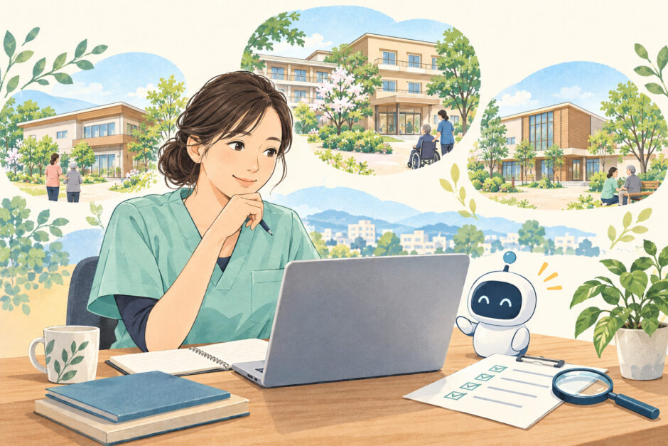 AIを使って介護施設の求人を比較する介護職員のイラスト